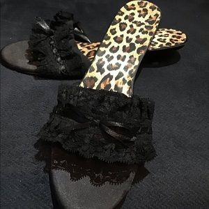 Kitten heel slides w lace & leopard 9W